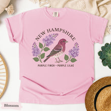 Load image into Gallery viewer, New Hampshire State Bird and Flower Tee | Purple Finch &amp; Lilac
