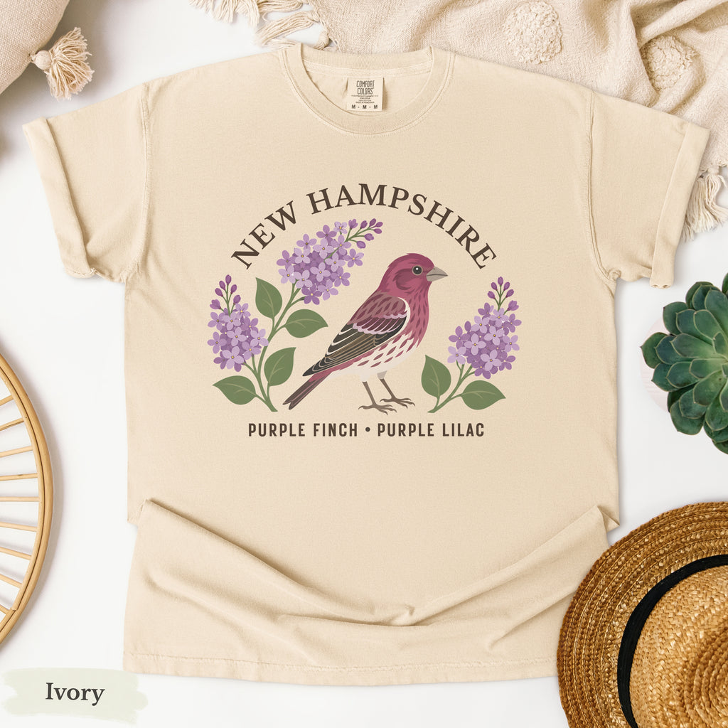 New Hampshire State Bird and Flower Tee | Purple Finch & Lilac