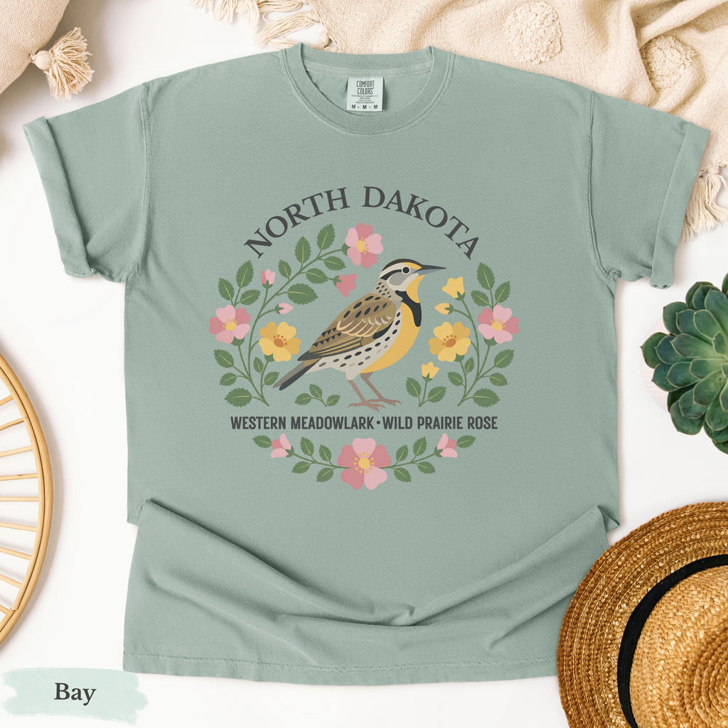 North Dakota State Bird and Flower Tee | Western Meadowlark & Prairie Rose
