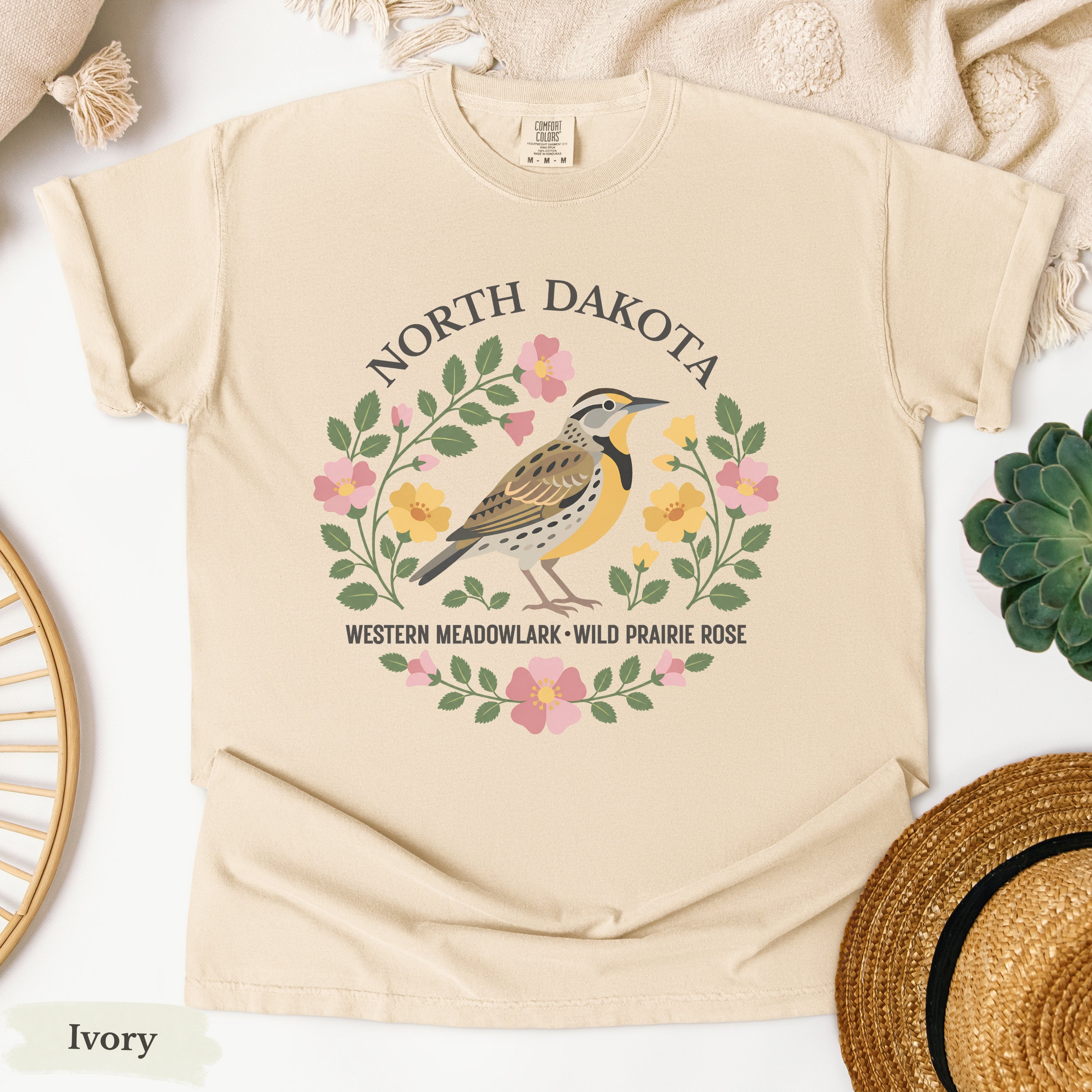 North Dakota State Bird and Flower Tee | Western Meadowlark & Prairie Rose