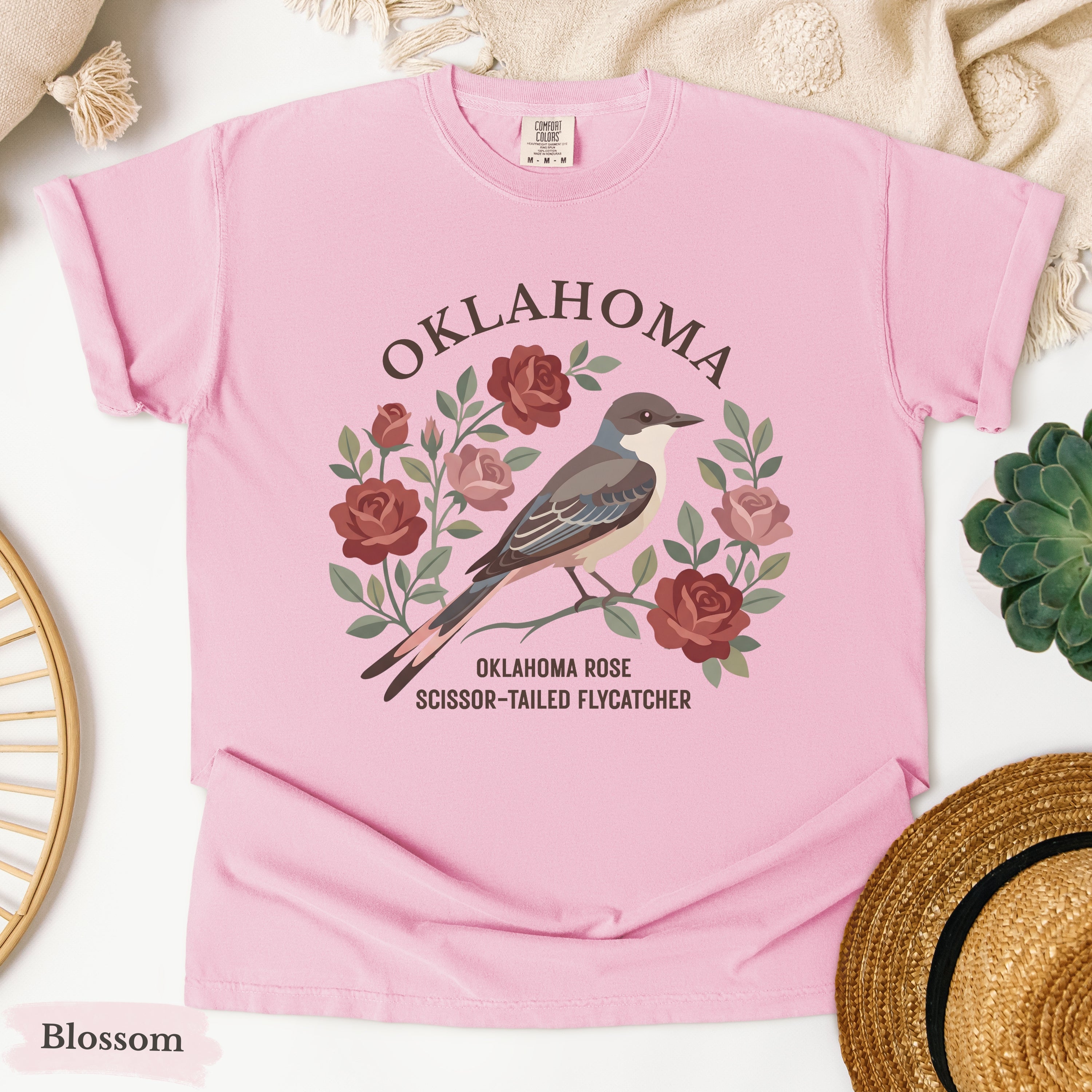 Oklahoma State Bird and Flower Tee | Scissor-Tailed Flycatcher & Rose
