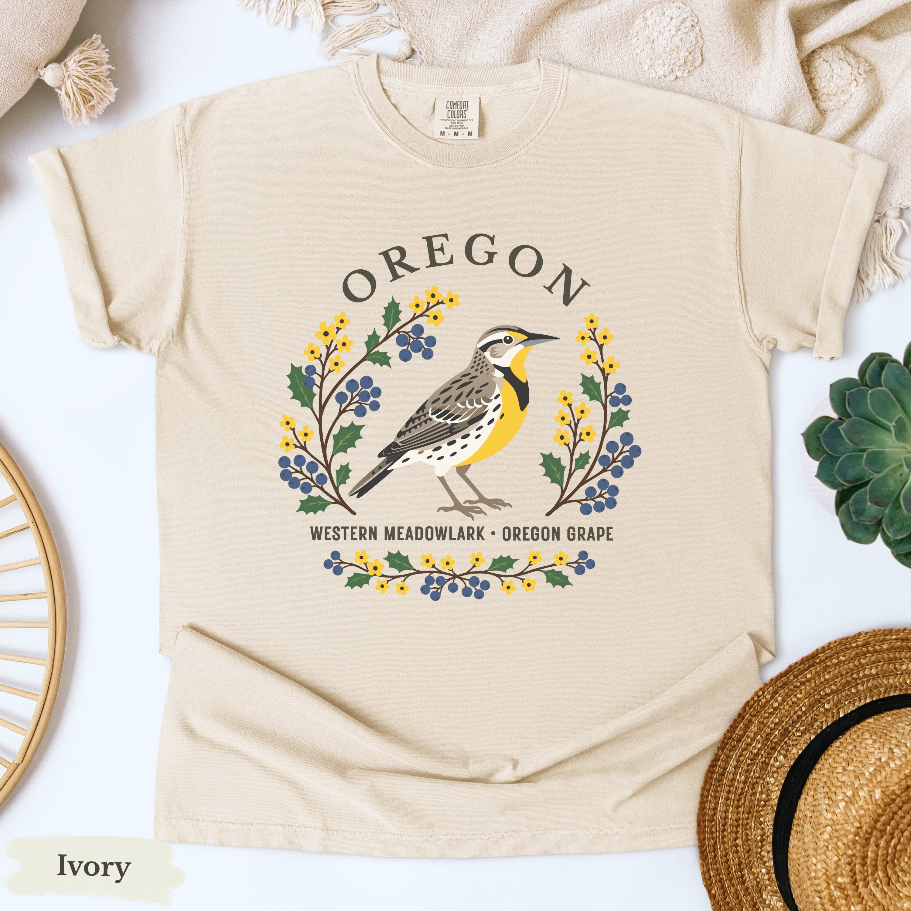 Oregon State Bird and Flower Tee | Western Meadowlark & Oregon Grape