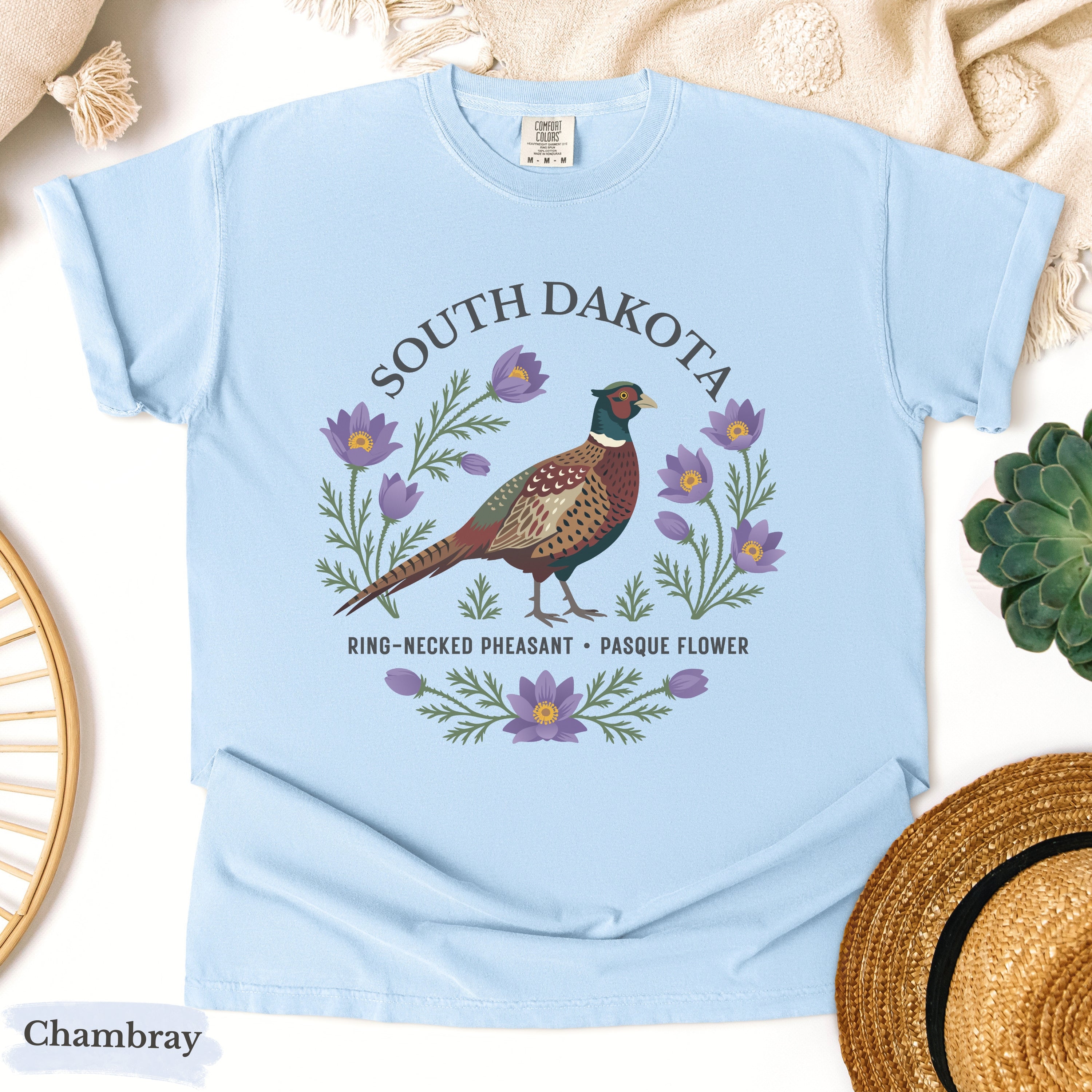 South Dakota State Bird and Flower Tee | Ring-Necked Pheasant & Pasque Flower