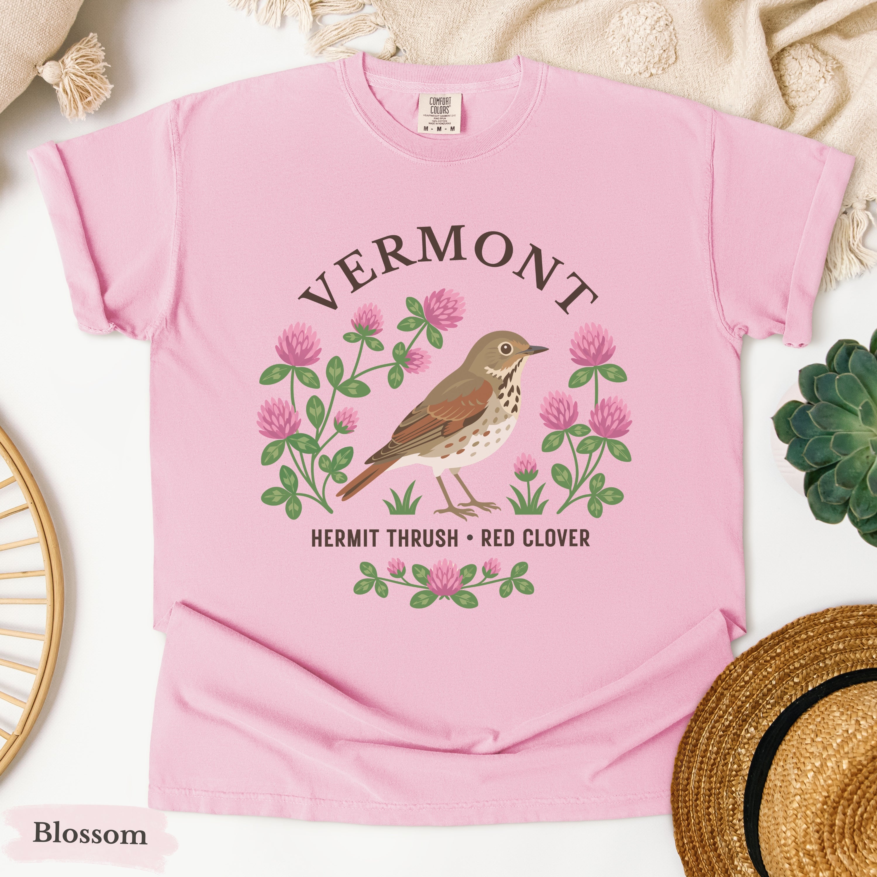 Vermont State Bird and Flower Tee | Hermit Thrush & Red Clover