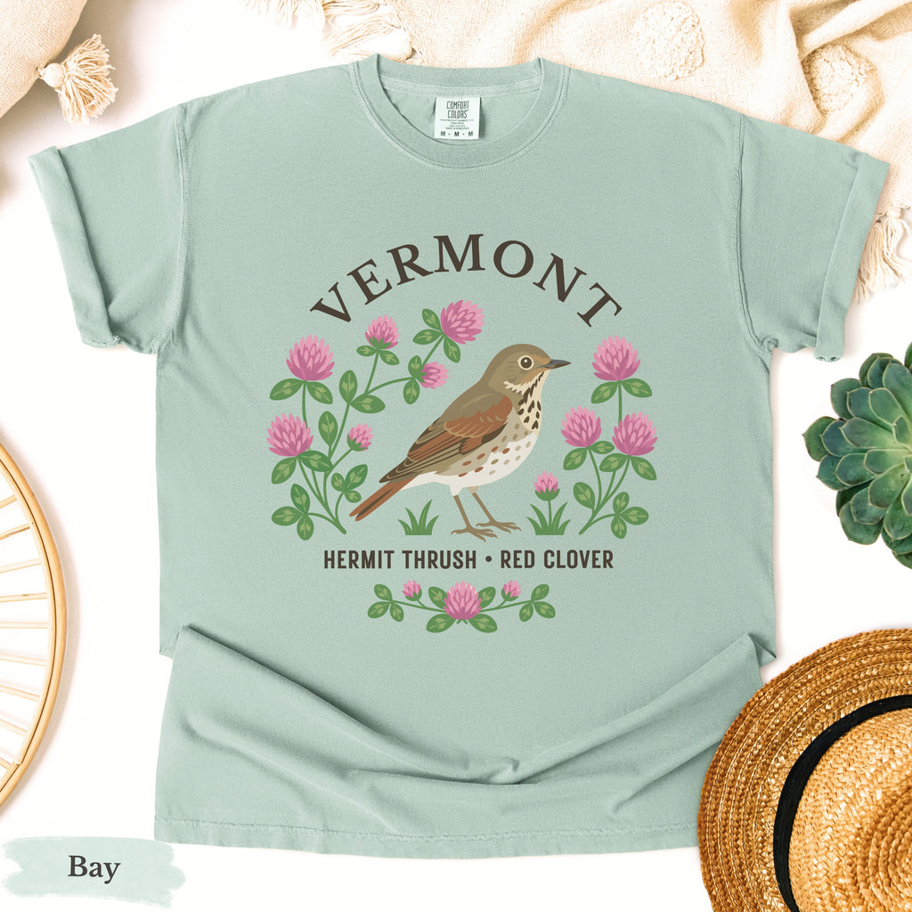 Vermont State Bird and Flower Tee | Hermit Thrush & Red Clover