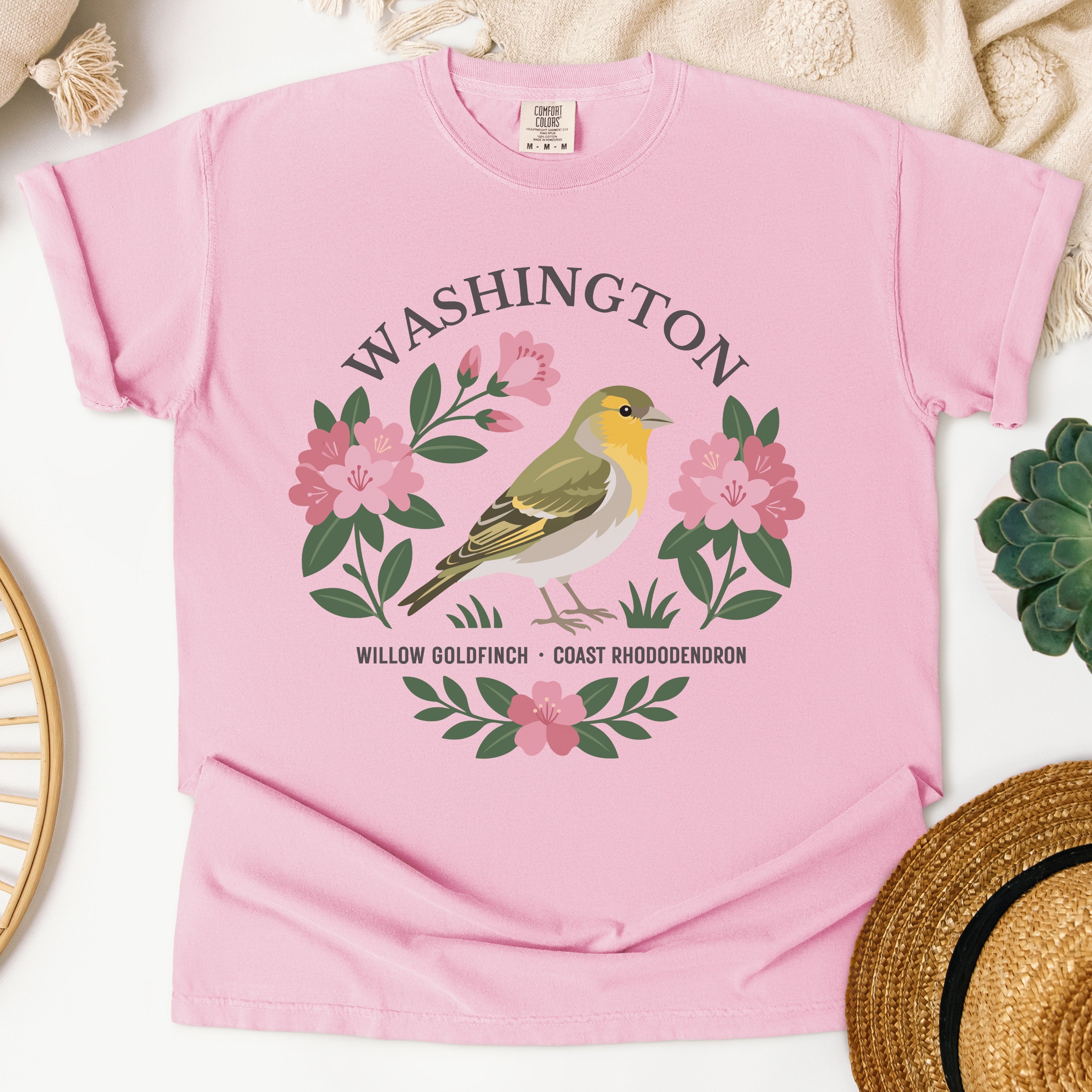Washington State Bird and Flower Tee | Willow Goldfinch & Rhododendron