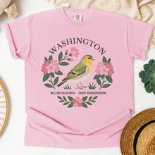 Load image into Gallery viewer, Washington State Bird and Flower Tee | Willow Goldfinch &amp; Rhododendron
