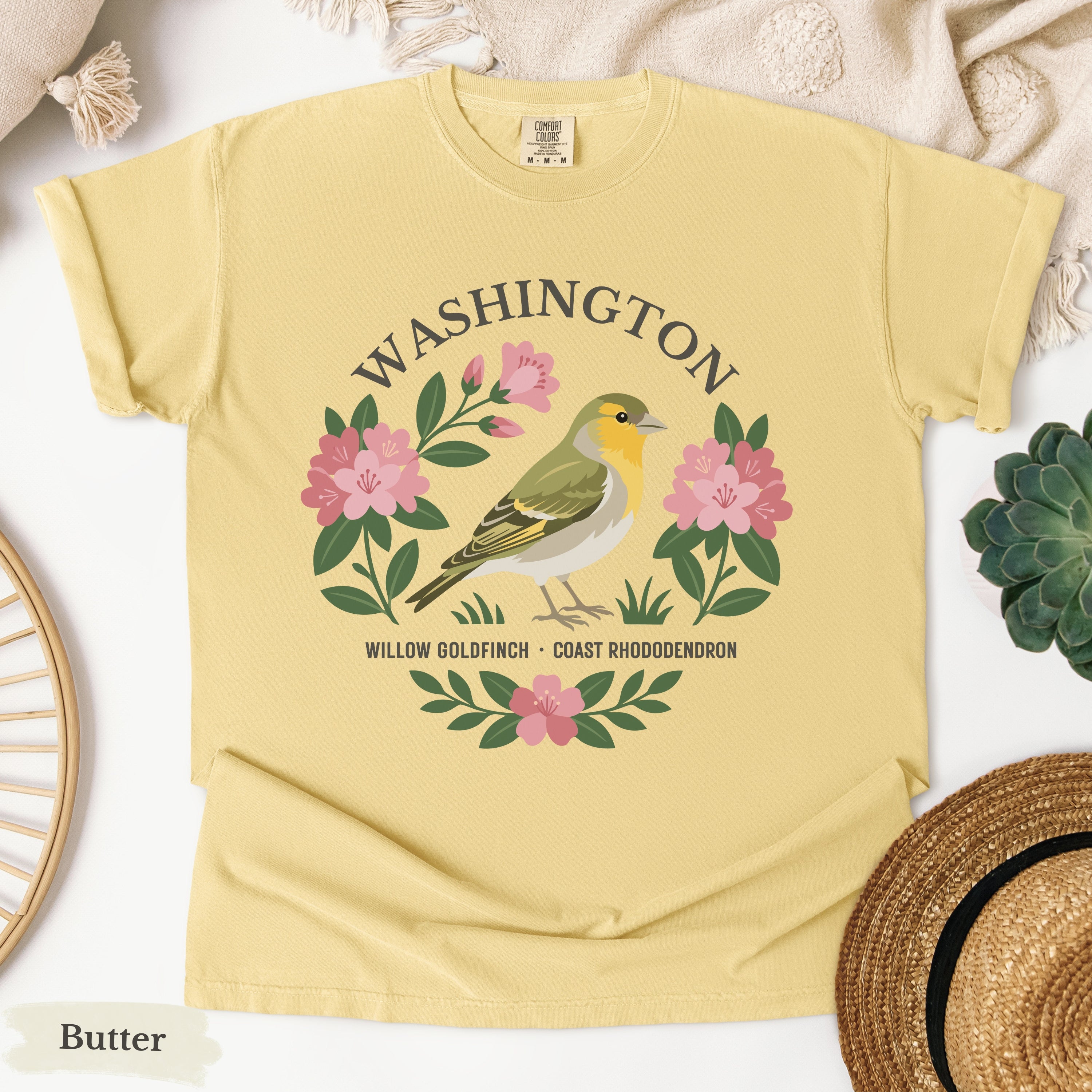 Washington State Bird and Flower Tee | Willow Goldfinch & Rhododendron