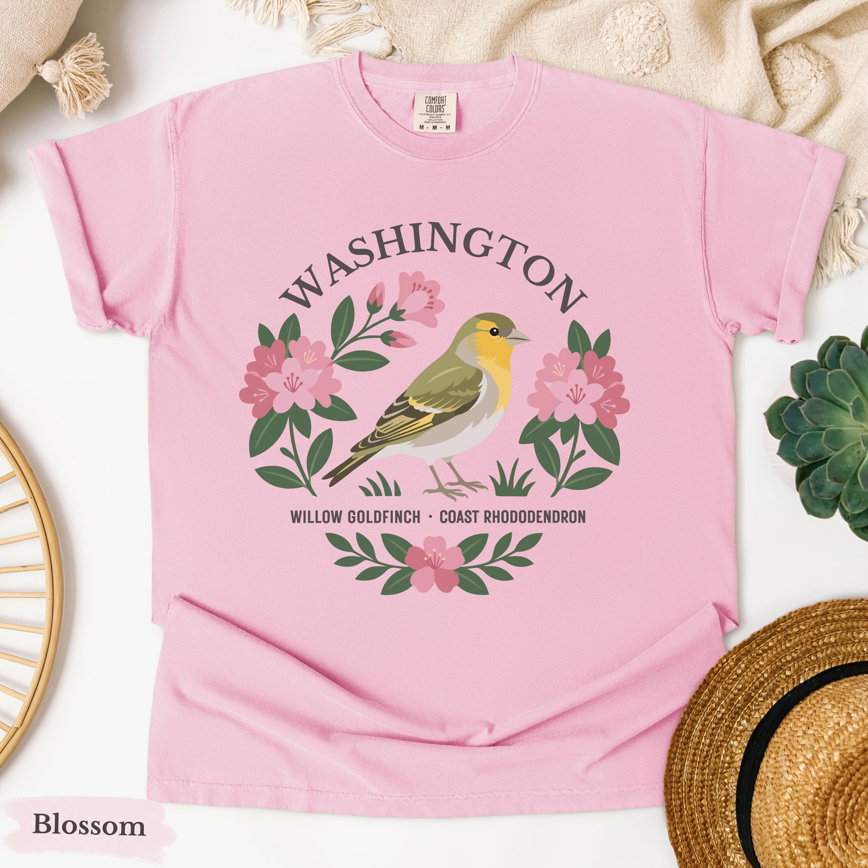 Washington State Bird and Flower Tee | Willow Goldfinch & Rhododendron
