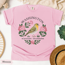 Load image into Gallery viewer, Washington State Bird and Flower Tee | Willow Goldfinch &amp; Rhododendron
