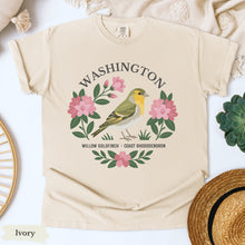 Load image into Gallery viewer, Washington State Bird and Flower Tee | Willow Goldfinch &amp; Rhododendron
