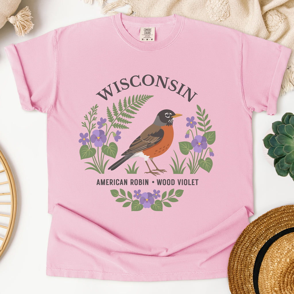Wisconsin State Bird and Flower Tee | American Robin & Wood Violet