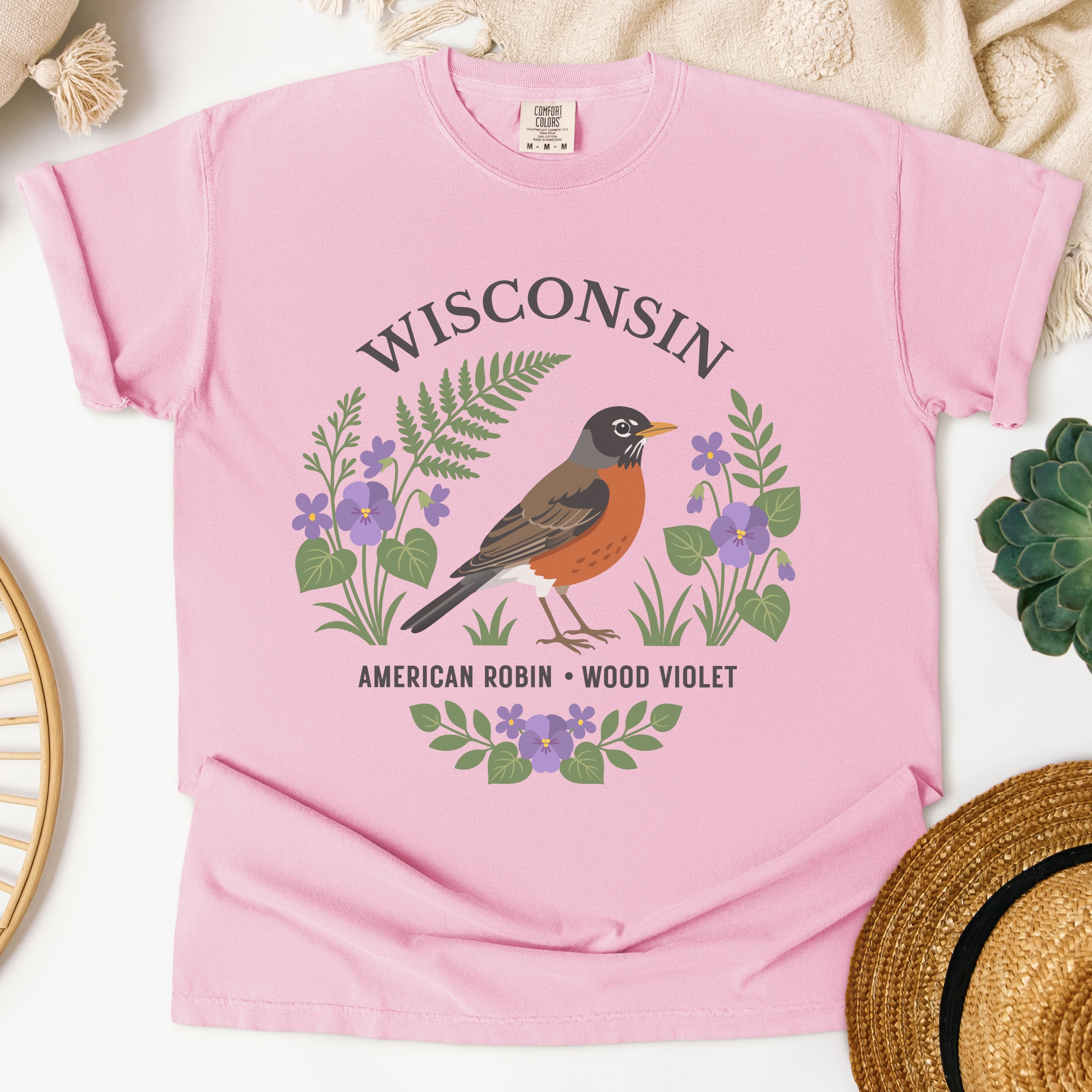 Wisconsin State Bird and Flower Tee | American Robin & Wood Violet