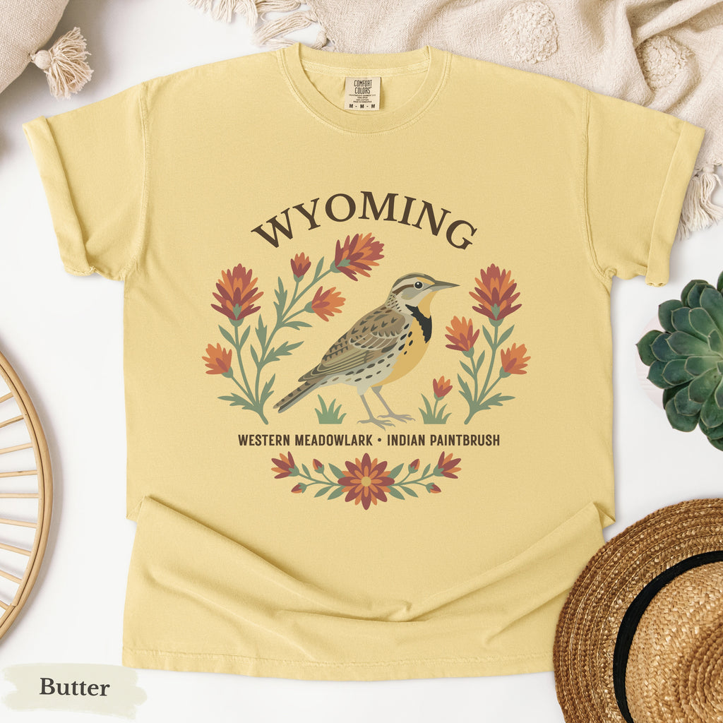 Wyoming State Bird and Flower Tee | Western Meadowlark & Indian Paintbrush