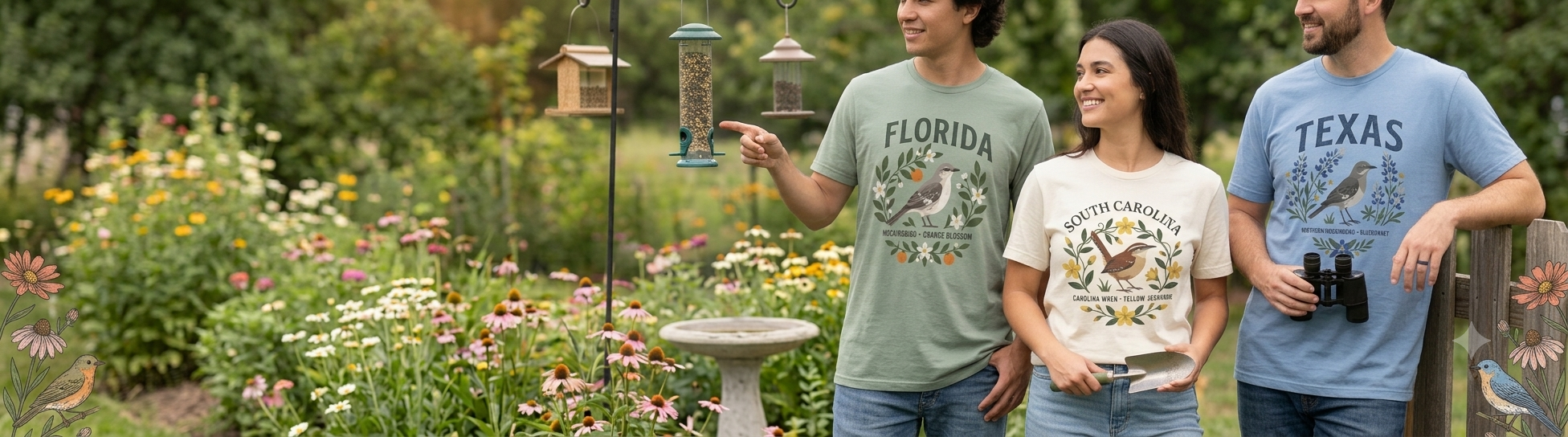 Three people in garden-themed t-shirts standing in a garden with flowers and bird feeders.