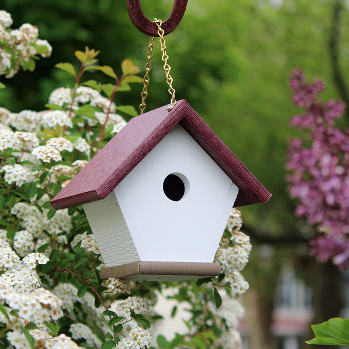 Hanging white wren house with a cherry roof and wood base - backdrop of white and maroon flowers